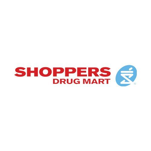 The logo for shoppers drug mart is red and blue with a pharmacy symbol.
