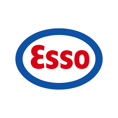 The esso logo is in a blue circle on a white background