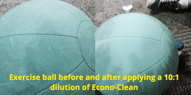 An exercise ball before and after applying a 10 : 1 dilution of econo-clean
