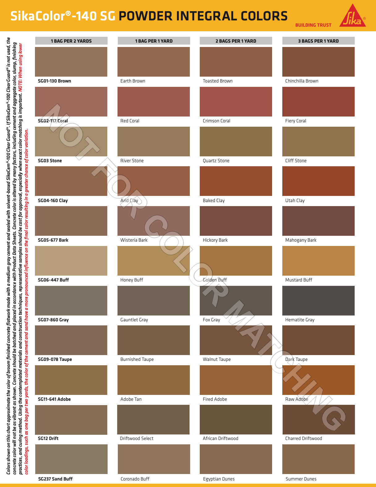 A color chart for sika color 140 sg powder integral colors