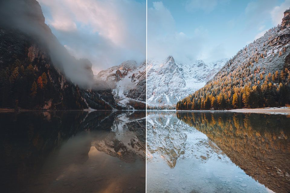 A before and after side-by-side view of the same mountain and pond scene.