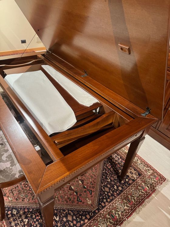 Scrivania in legno con piano aperto, spazio di archiviazione visibile e interno rivestito in tessuto, posta su un tappeto fantasia.