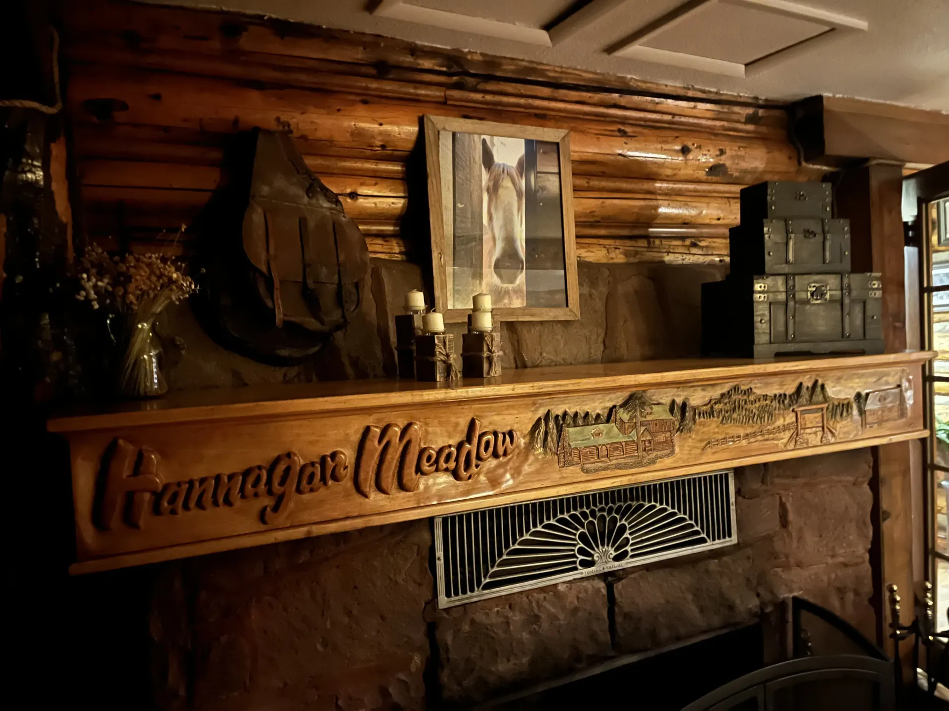 A wooden mantle with the word coca cola on it