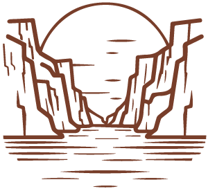 A drawing of a canyon with a river and the sun behind it.