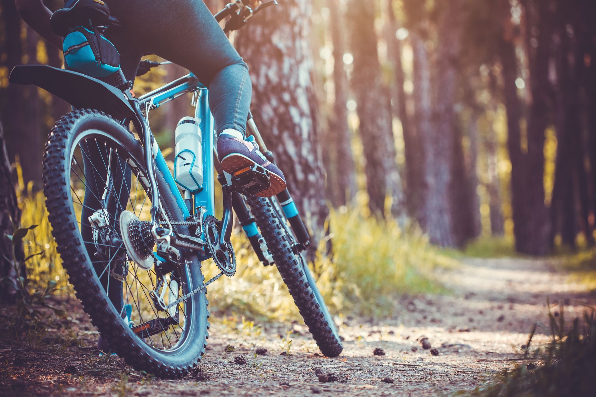 Mountain biker riding on a dirt trail in a forest, sunlight, blue bike, black tires, leg visible.