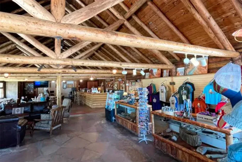 A store filled with lots of items and a wooden ceiling.
