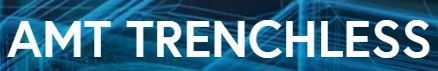 A blue background with white text that says amt trenchless