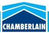 A blue and white logo for chamberlain with a mountain in the background.