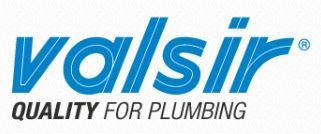A blue and white logo for valsir quality for plumbing