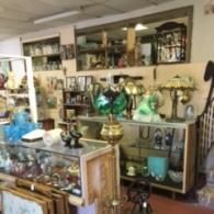 An interior view of a vintage shop filled with glass display cases, antique lamps, and various decorative collectibles.