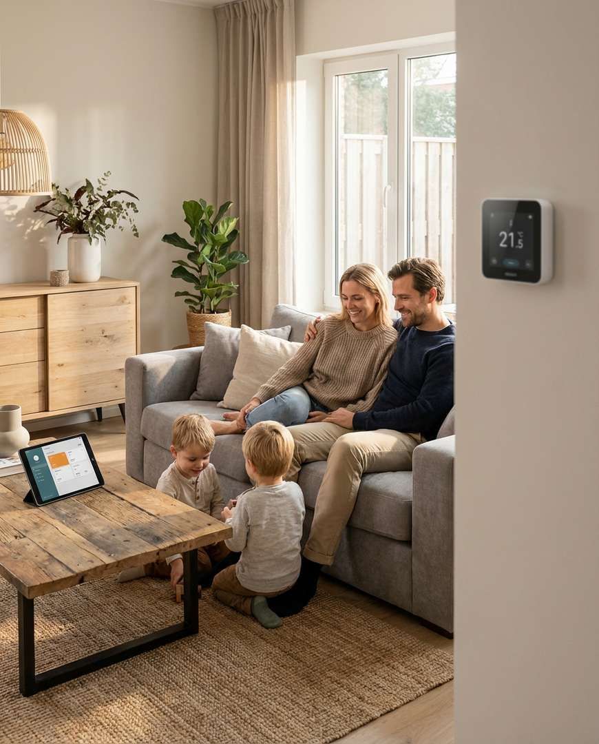 Een huis met veel ramen en zonnepanelen op het dak en een batterij onder de overkapping.