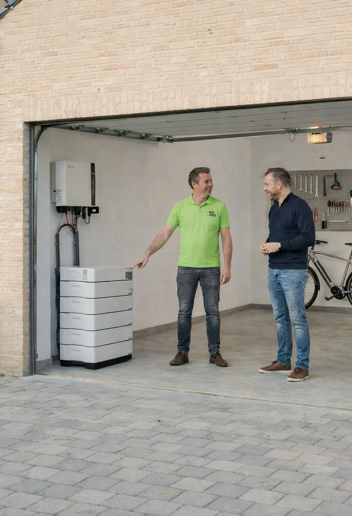 Twee mannen installeren zonnepanelen op het dak van een huis.