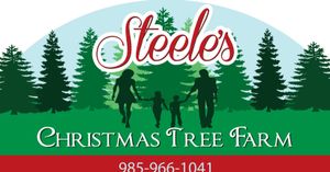 Steele's Christmas Tree Farm logo: Family silhouette walking towards trees, red banner with phone number.