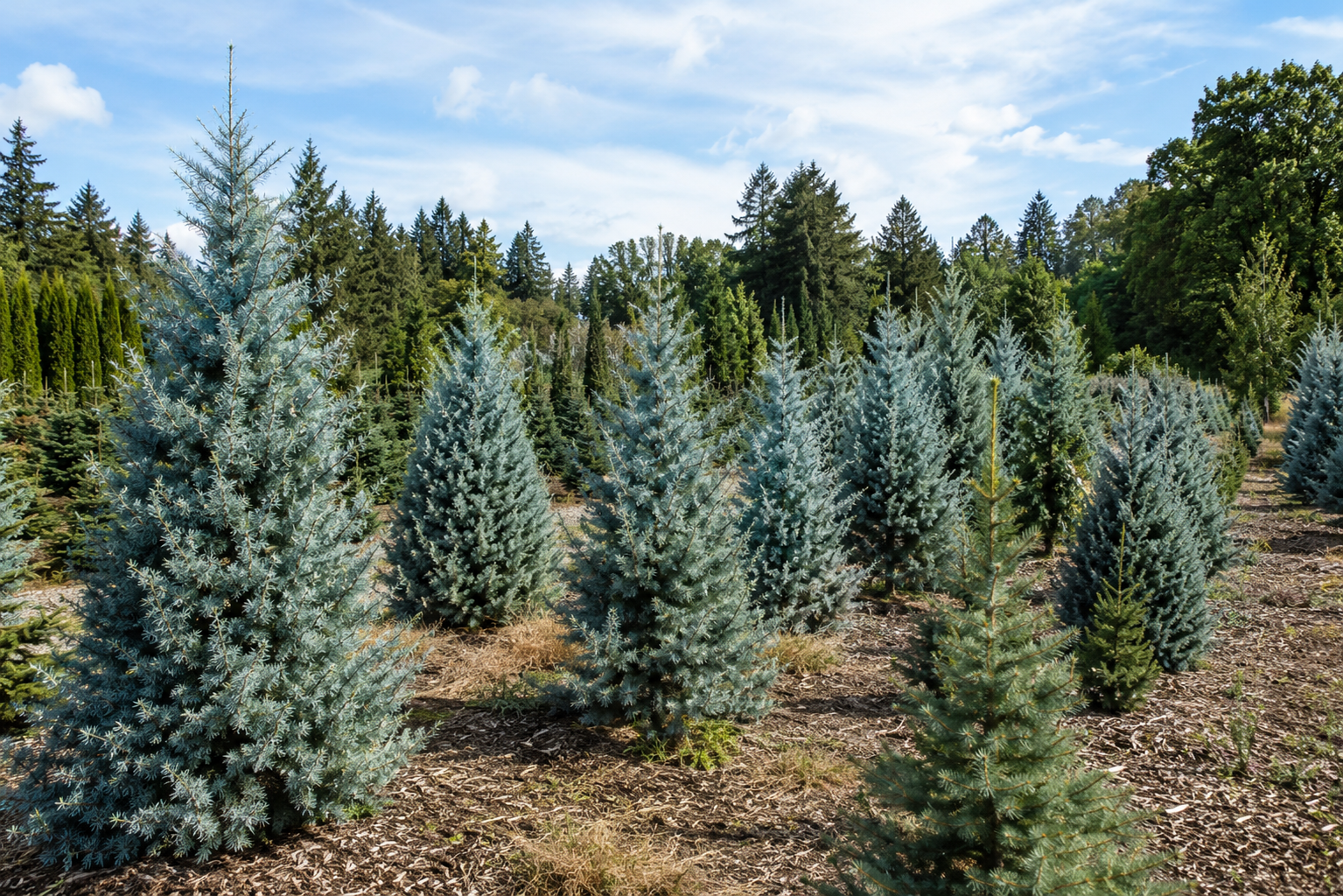 Rows of young evergreen trees in a field under a blue sky