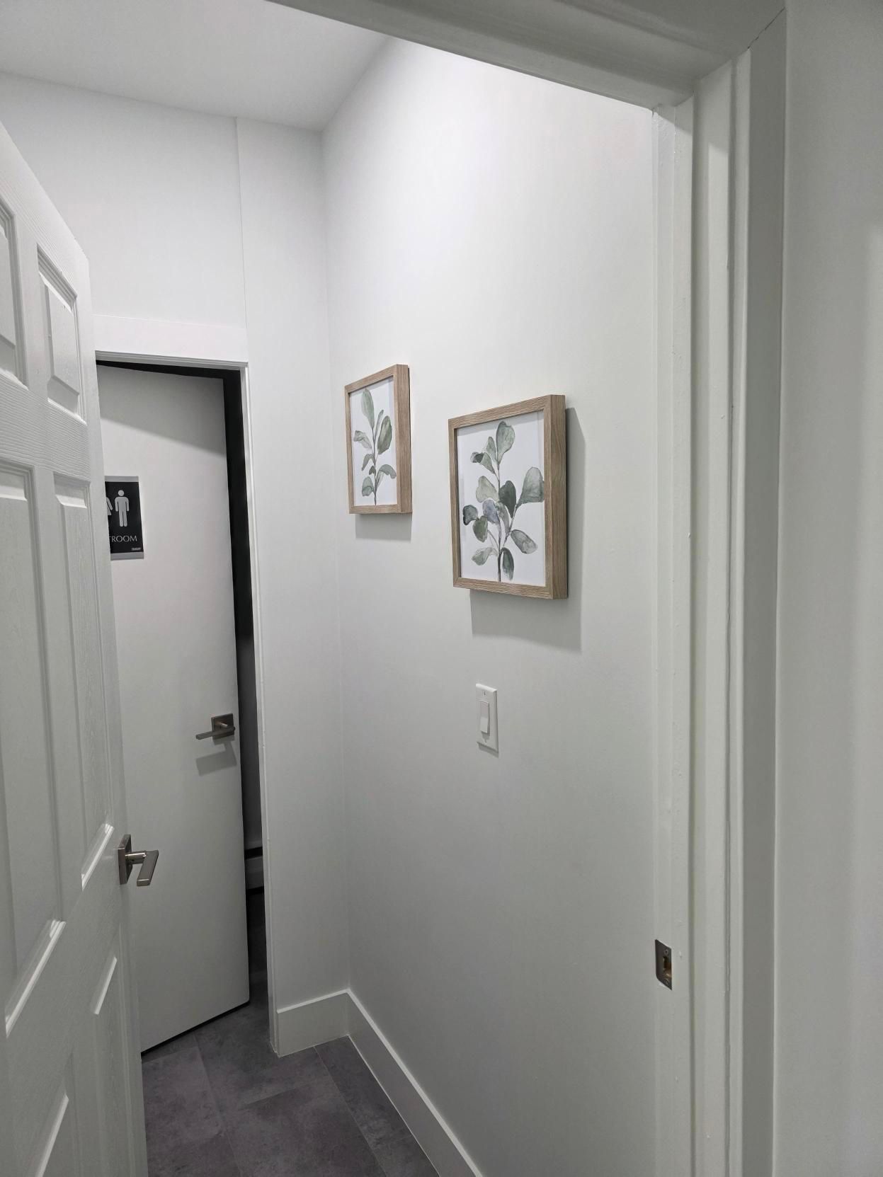 A hallway view featuring a closed white door on the left and two square framed botanical prints on the right wall.