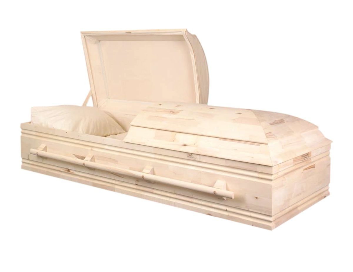 An open wooden casket with a light-colored wood finish and an interior pillow, set against a white background.