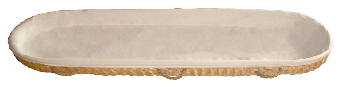 A long, oval decorative tray with a smooth, light-colored interior and a textured, tan-colored exterior base.