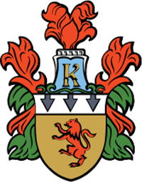 Coat of arms with an orange lion on a gold shield, a white chief with three black arrowheads, and a letter K in the crest.