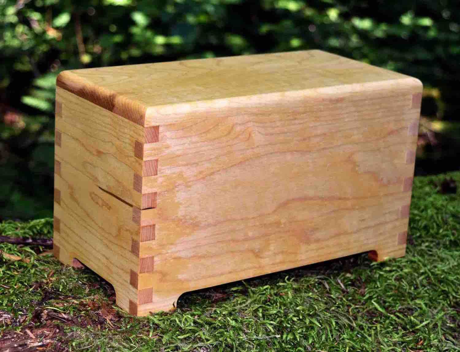A rectangular wooden box with finger joints, sitting on a mossy surface outdoors.