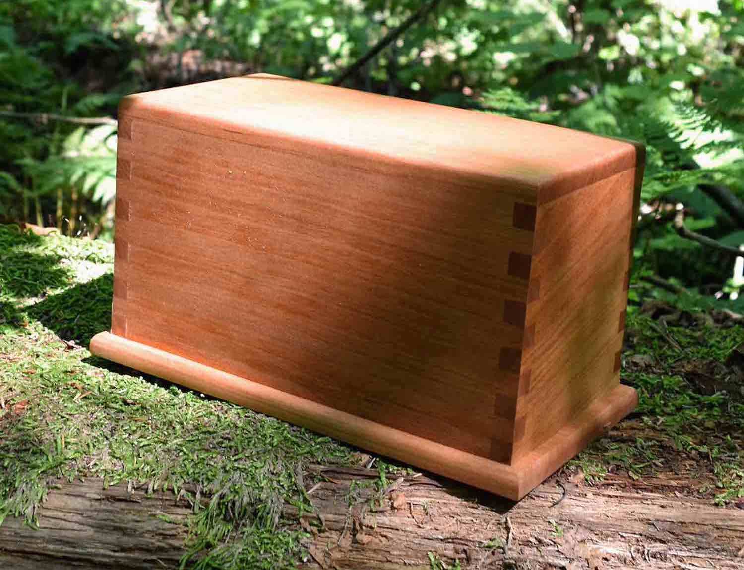 A handcrafted wooden box with dovetail joints resting on a mossy forest floor.