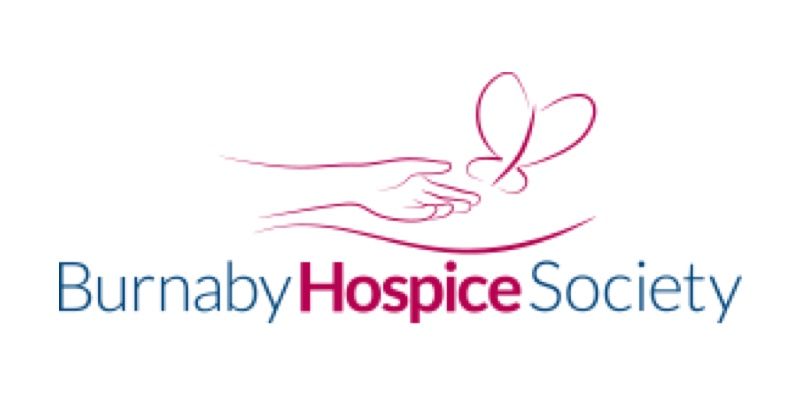 The Burnaby Hospice Society logo featuring a hand reaching toward a butterfly in maroon lines, with text below.