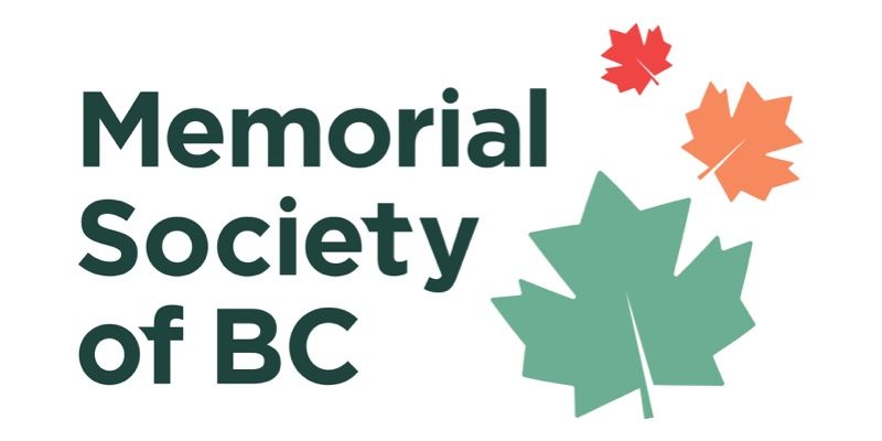 Logo for the Memorial Society of BC with text next to a large green and two smaller orange and red maple leaves.