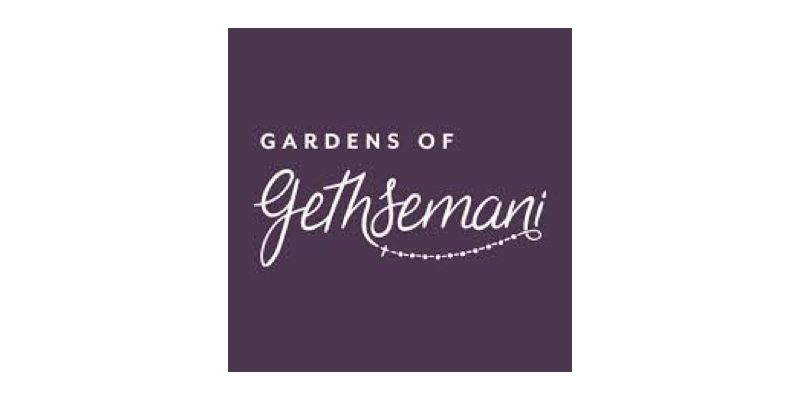 Logo for Gardens of Gethsemani featuring white text on a dark purple square background.