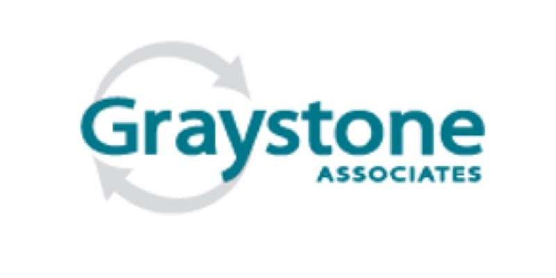 The Graystone Associates logo features teal text with a grey, circular arrow icon encircling the word Graystone.