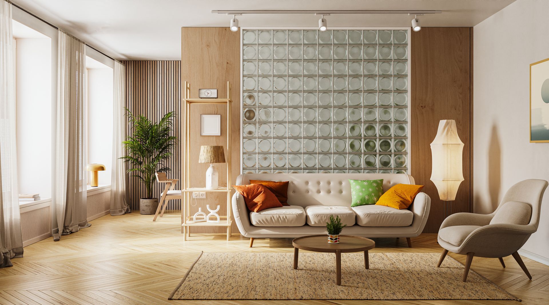 A modern living room with a neutral sofa, patterned glass brick wall, wood paneled accents, and a round coffee table.