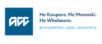 A blue and white logo for a company called acc