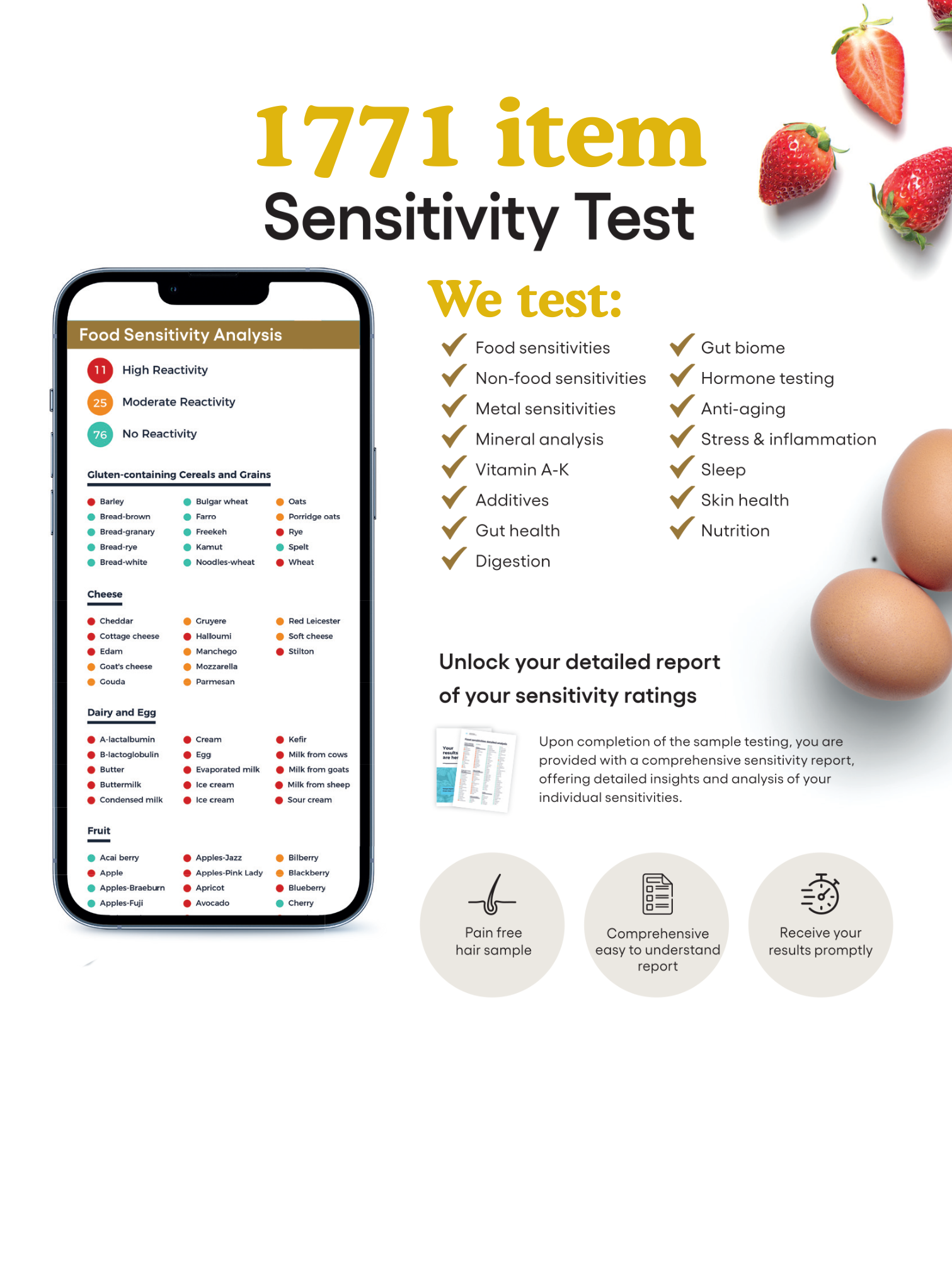 Advertisement for a 1771 item sensitivity test; phone display with test results, strawberries, and eggs.