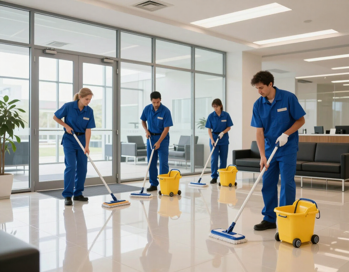 Cleaning crew polishing a modern office lobby.