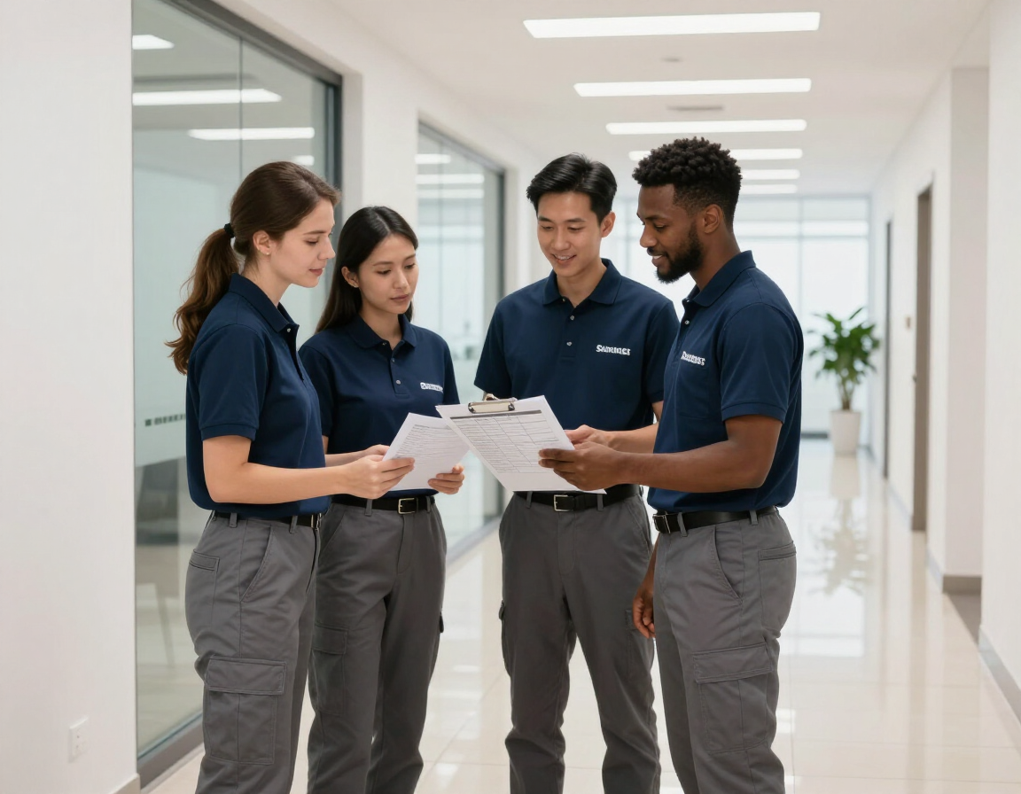 Cleaning team reviewing a service plan in a commercial building.