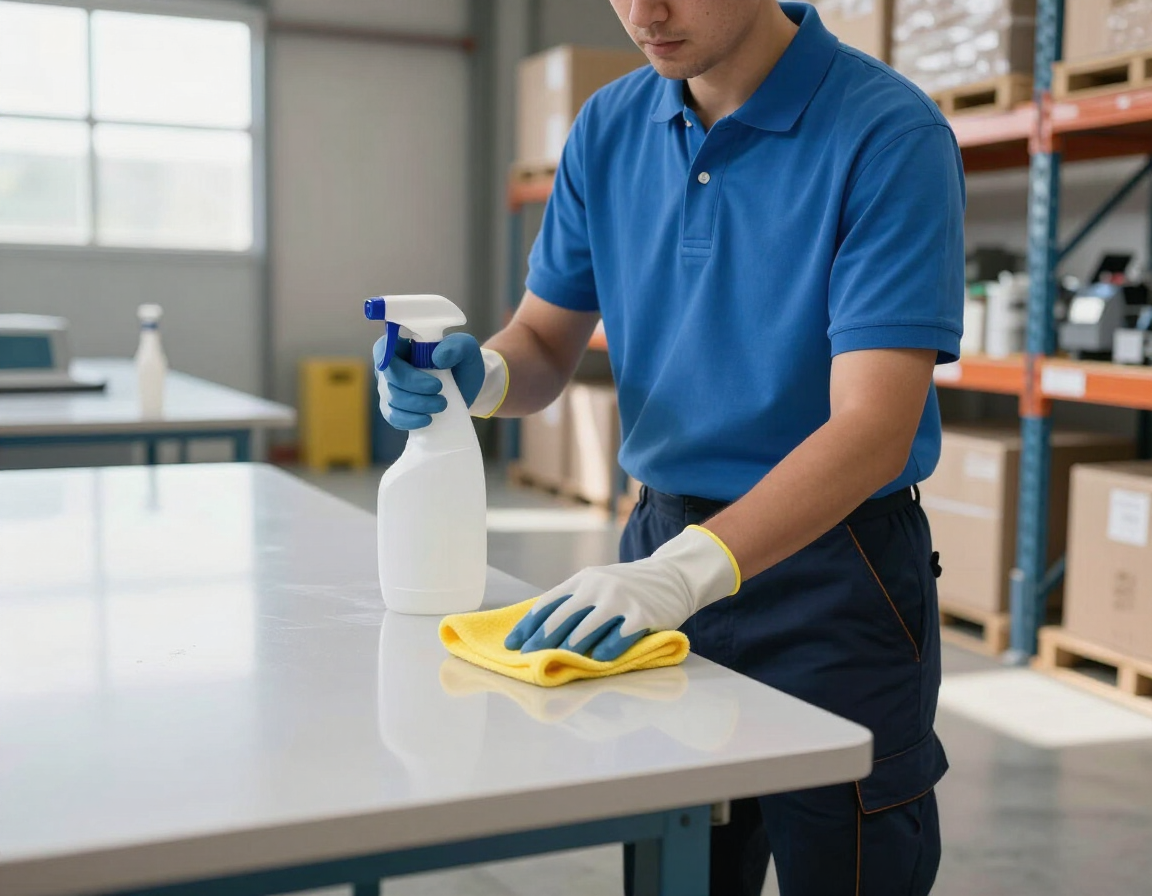 Cleaning professional sanitizing a warehouse workspace.