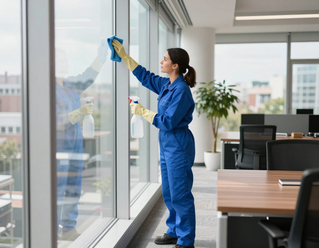 Cleaner servicing office windows and surfaces in a bright business interior.