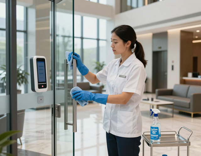 Commercial cleaning specialist sanitizing a polished business lobby.
