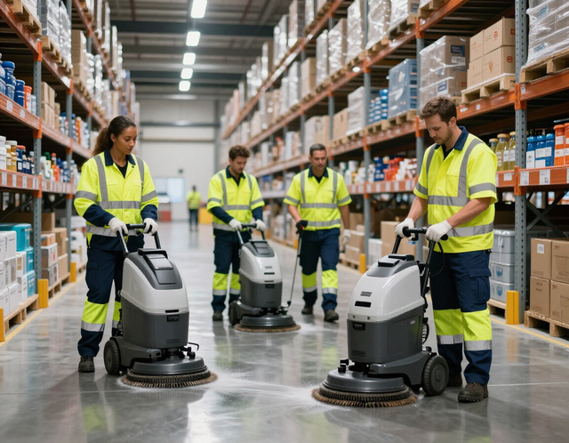 Cleaning crew using floor care equipment inside a large warehouse.