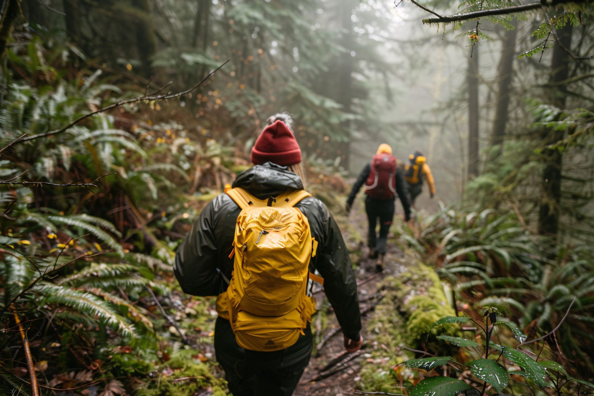 Un grupo de personas está caminando por un bosque brumoso.