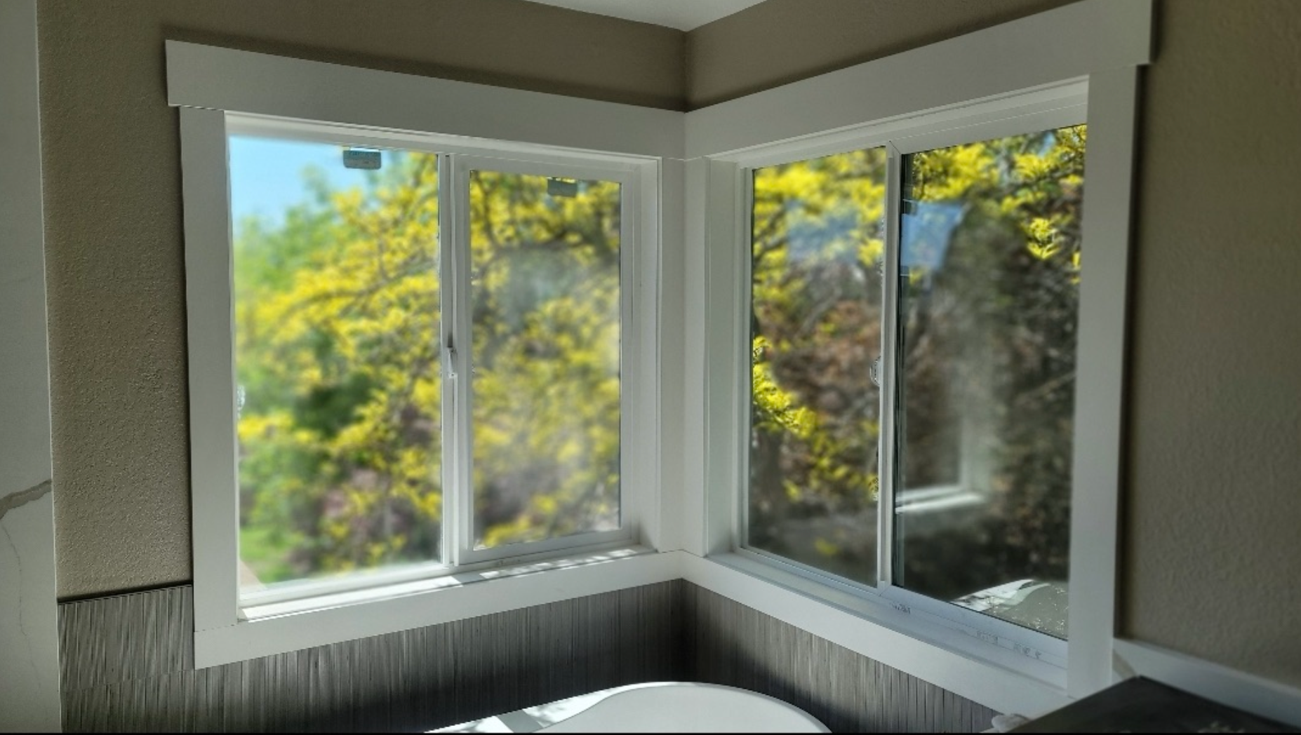 Corner window with white trim, showing green trees outside and a white radiator below.