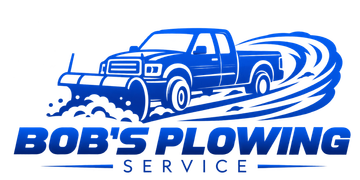 Blue logo of a plowing truck clearing snow, with the text “BOB’S PLOWING SERVICE” underneath