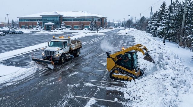 Snowplow and yellow snow blower clearing a snowy road near a building and trees