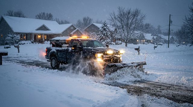 Snowplow clearing a snowy suburban street at dusk, headlights on and snow spraying aside.