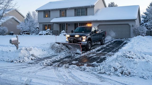 Truck clearing snow from a driveway in front of a snow-covered suburban house