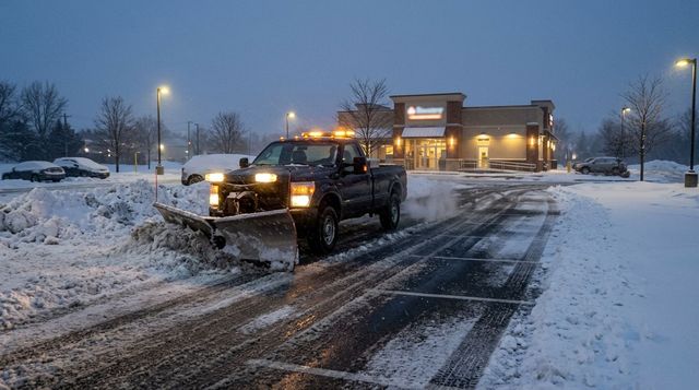 Snowplow clearing a snowy parking lot at dusk outside a lit building