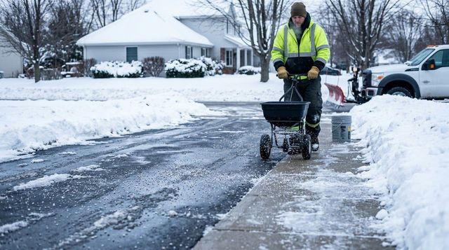 Worker in a neon jacket clearing snow with a spreader on a snowy suburban sidewalk