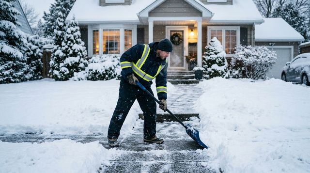 Person shoveling snow in a driveway in front of a house, with a snow-covered yard and parked car.