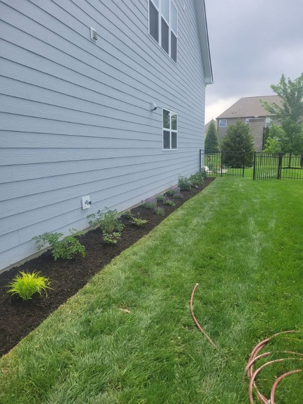 Exterior of a house with light blue siding, a flower bed with mulch, and green grass.