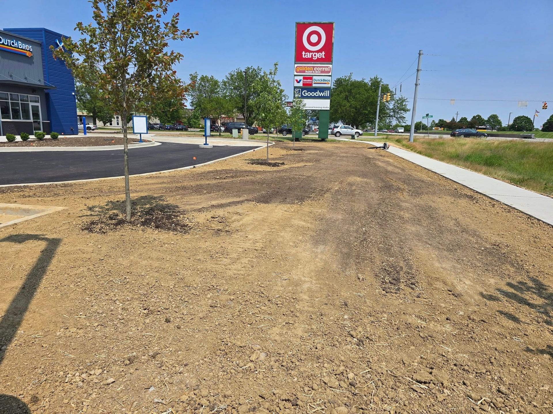 Gravel landscaping with young trees in front of a Target store sign under a clear sky.