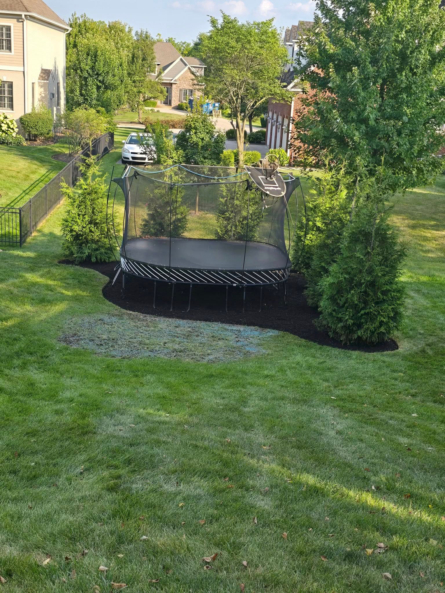 Trampoline surrounded by mulch and greenery in a grassy backyard. Houses and trees are in the background.