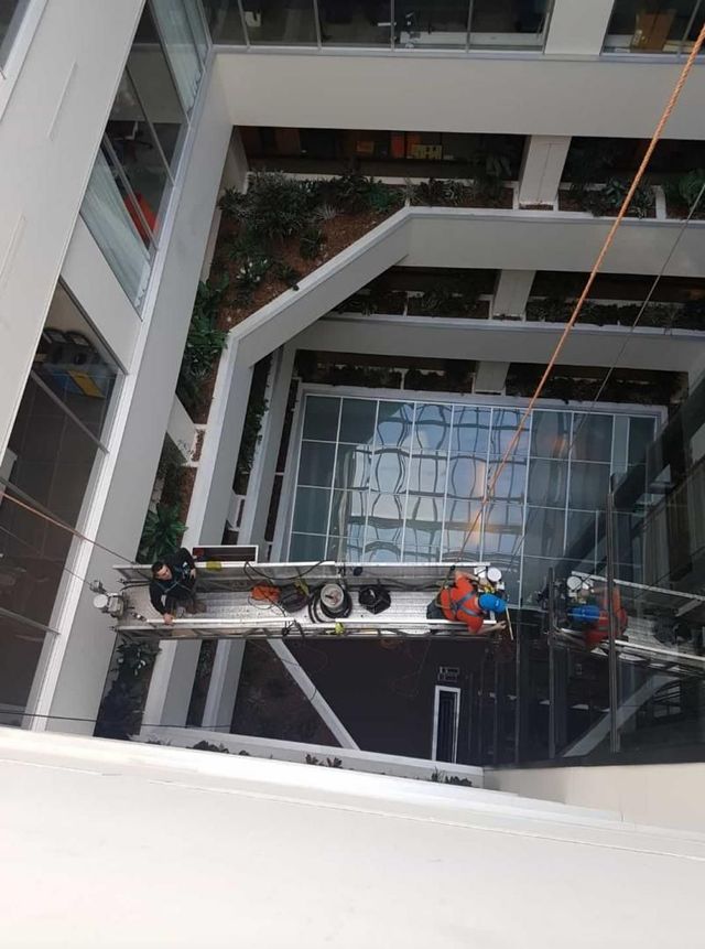 Des ouvriers nettoient la toiture vitrée d'un atrium depuis une plateforme. Extérieur d'un bâtiment blanc avec des plantes en arrière-plan.
